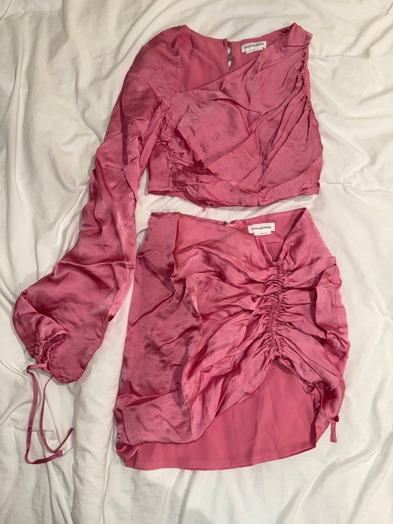 Lovers Friends Pink Ruched Satin TwoPiece Set Lovers Friends Pink Ruched Satin TwoPiece Set